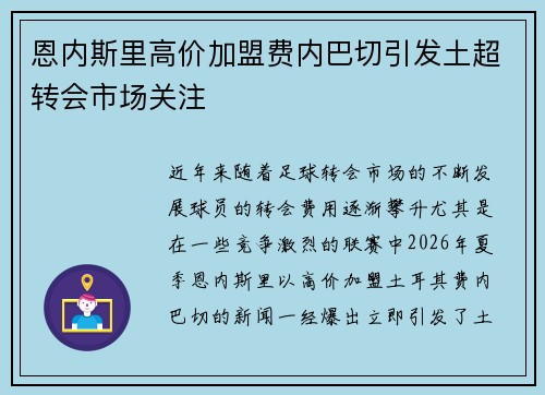 恩内斯里高价加盟费内巴切引发土超转会市场关注