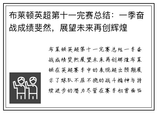 布莱顿英超第十一完赛总结：一季奋战成绩斐然，展望未来再创辉煌