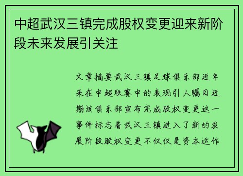 中超武汉三镇完成股权变更迎来新阶段未来发展引关注